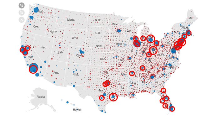 r/TexasDemocrats - This map overlays places where mail sorting machines are being removed (red circles) with places where HRC had a lead in the 2016 election (blue dots)