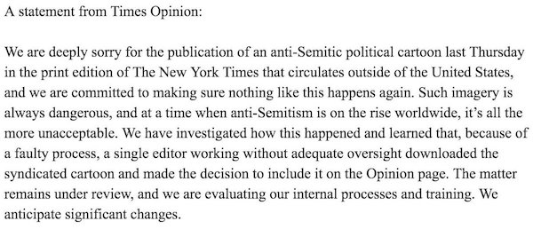 Did The New York Times adequately apologize for its anti-Semitic cartoon?