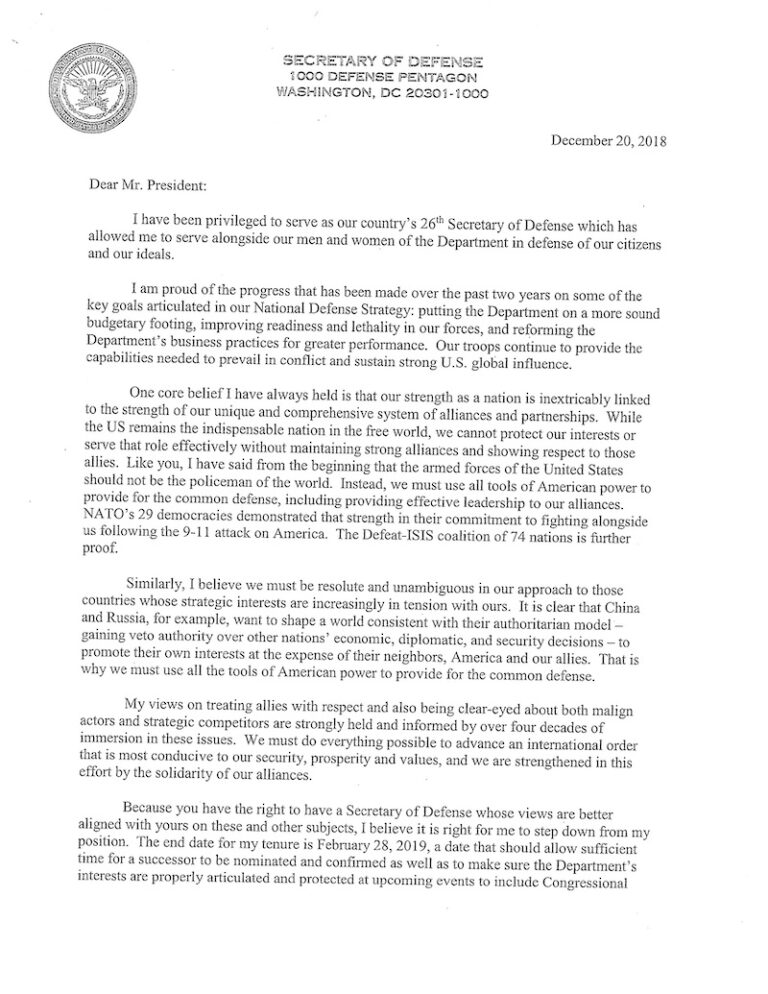 Jim Mattis’ resignation letter: clear, but not straightforward