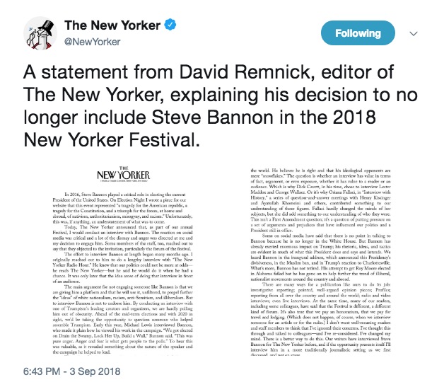 New Yorker editor David Remnick justifies his about-face on Steve Bannon