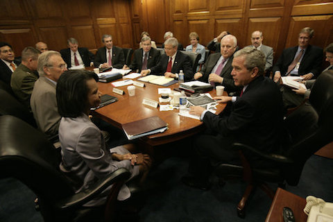President George W. Bush meets with the National Security Council Wednesday, July 5, 2006, in the Situation Room at the White House. White House photo by Eric Draper
